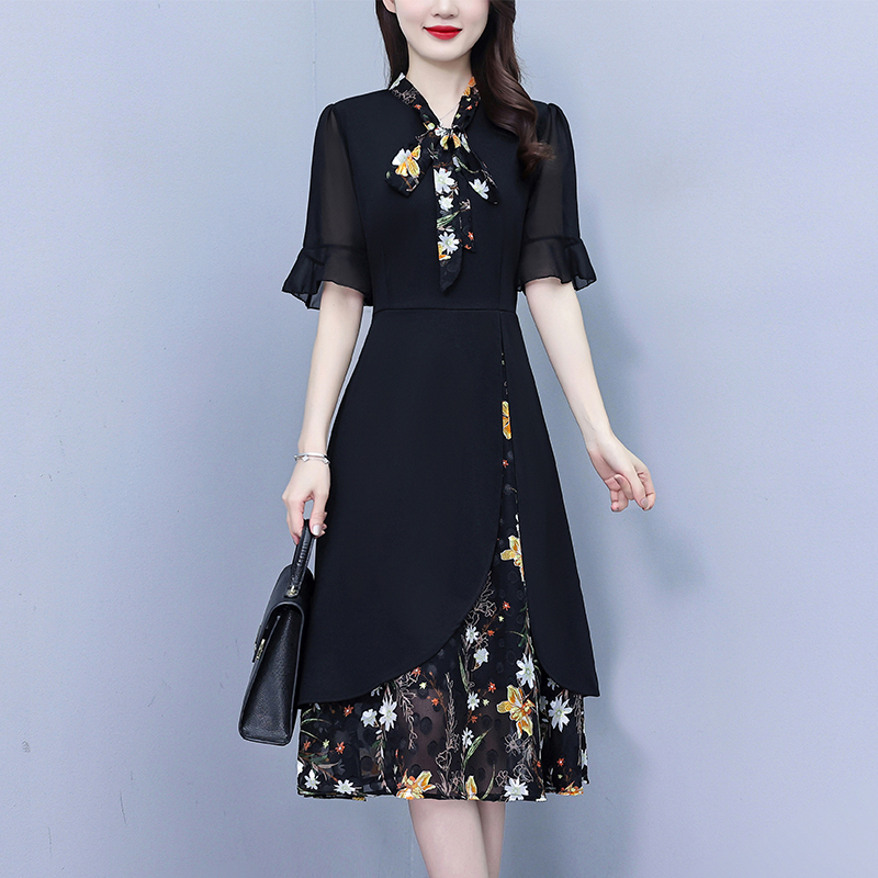 Midi Skirt Floral - 2026 Kadın Siyah Patchwork Çiçek Desenli