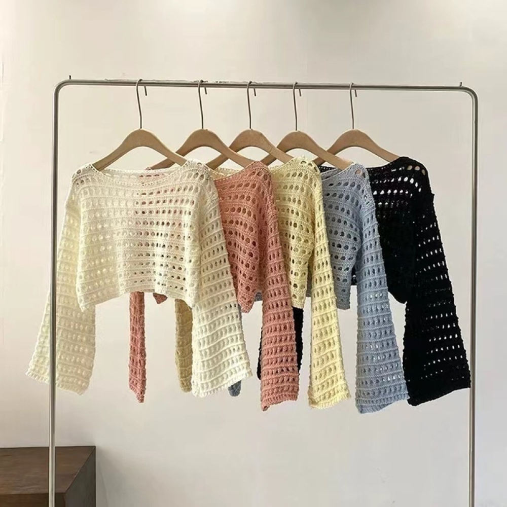 Crop Top Crochet - Yazlık İnce Örgü Kazak, Kadın Fransız