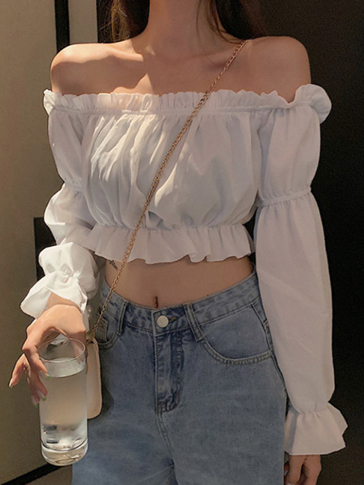 Crop Top Crochet - Kadın Üst Seksi Bluz Kapalı Omuz